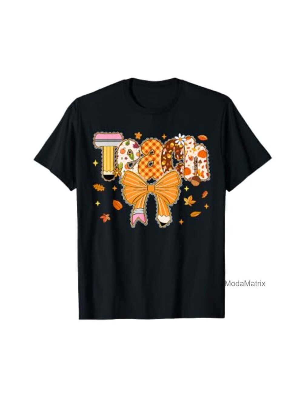 Thankful Teacher Fall Thanksgiving Tee Retro Bow Pencil Graphic